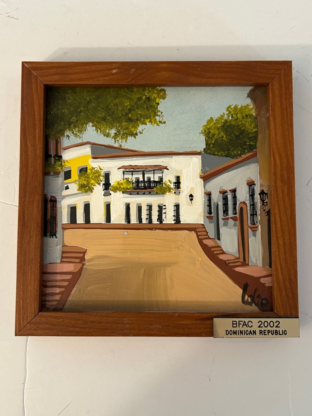 Original Framed Street Scene Tile Painting BFAC Dominican Republic Art signed